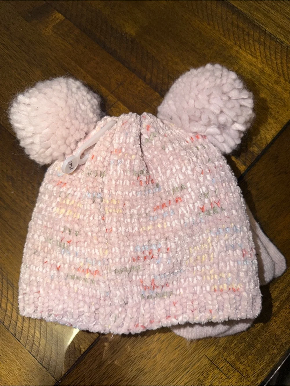 Laura Ashley Light Pink Knit Pom-Pom Hat and Mittens Set